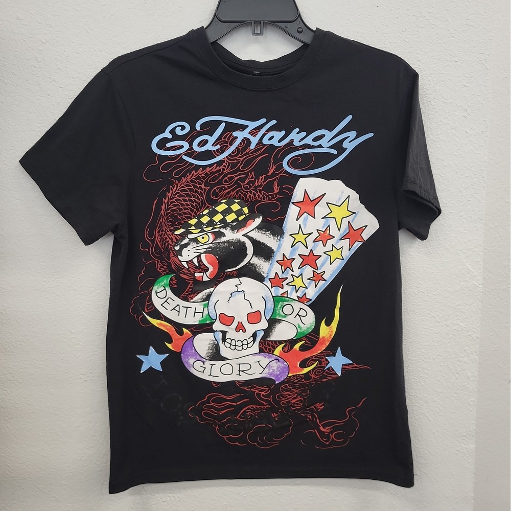 Ed Hardy Men's Death r Glory Panther & Skull Black Graphic T-Shirt, Size Small